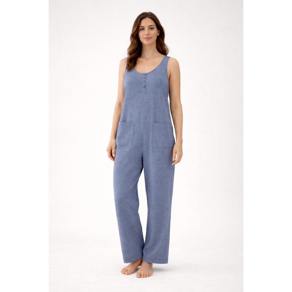 Soma Henley Cozy Minimalist Jumpsuit Heather Blue Lounge Wear Wide Leg Large